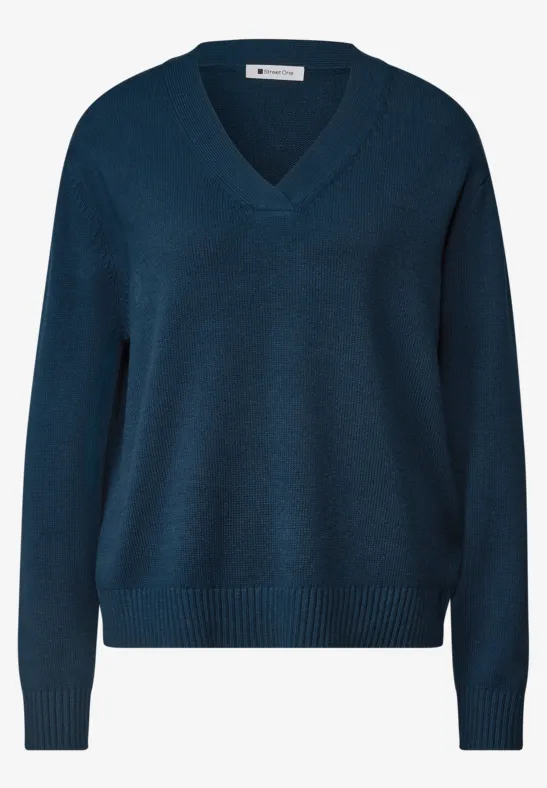 Dunkelblauer Pullover mit V-Ausschnitt und Rippstrickbündchen.