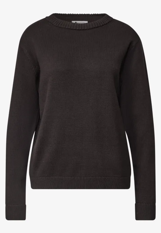 Schwarzer, langärmliger Feinstrickpullover mit Rundhalsausschnitt