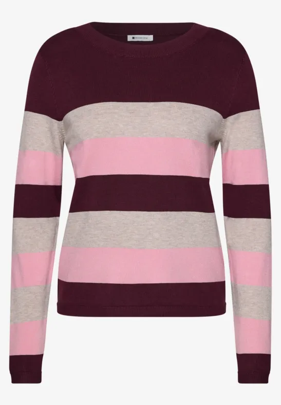 Gestreifter Damenpullover mit Rundhalsausschnitt in Burgund, Beige und Rosa.