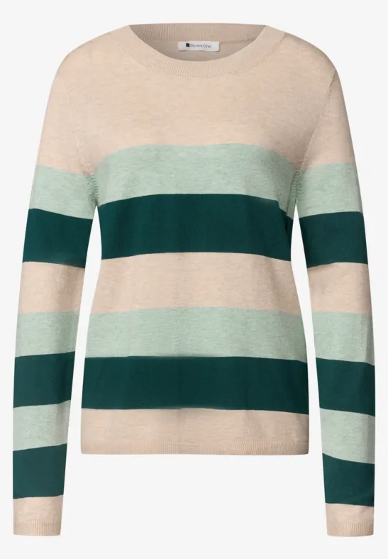 Beigen Pullover mit breiten grünen Streifen, Rundhalsausschnitt, langärmlig.