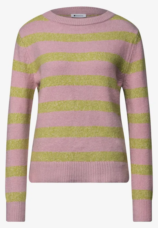 Rosa Pullover mit limonengrünen, horizontalen Streifen, Rundhalsausschnitt und langen Ärmeln.