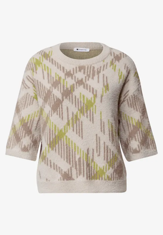 Beiger Kurzarm-Pullover mit Rundhalsausschnitt und abstraktem Argyle-Muster in Natur- und Lindgrün.
