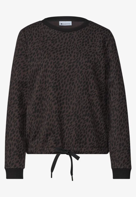 Schwarz-brauner Pullover mit rundem Ausschnitt, Leopardenmuster und Kordelzug am Saum.