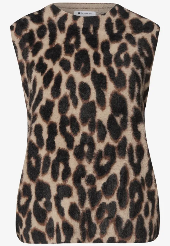Ärmelloses Damenoberteil mit Leopardenmuster in Beige, Braun und Schwarz.