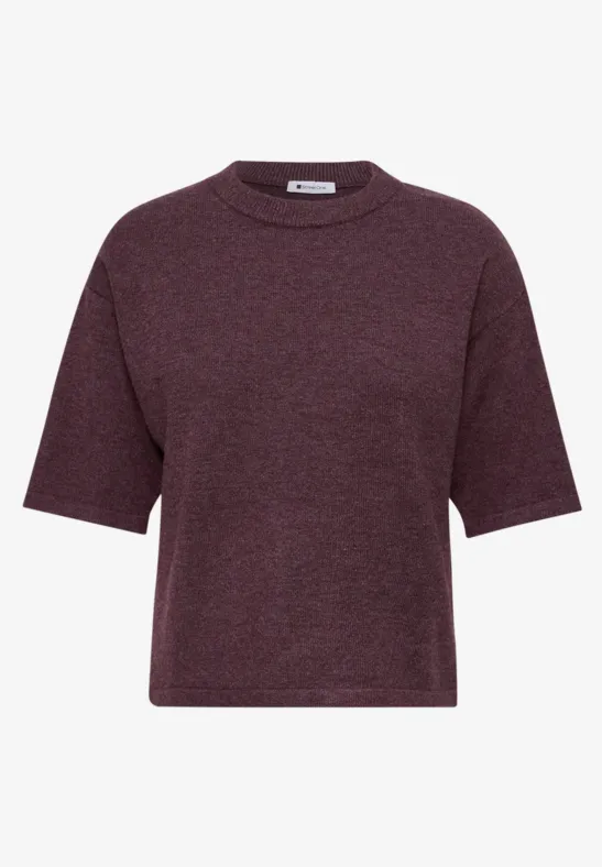 Kurzärmeliges T-Shirt in dunklem Bordeauxrot mit rundem Ausschnitt und legerem Schnitt.