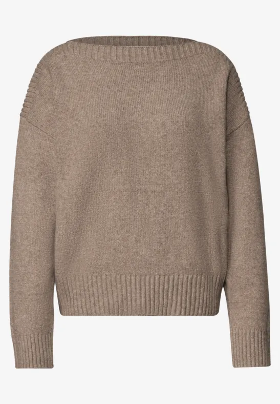 Miękki taupe sweter z okrągłym dekoltem, długimi rękawami i prążkowanym ściągaczem.