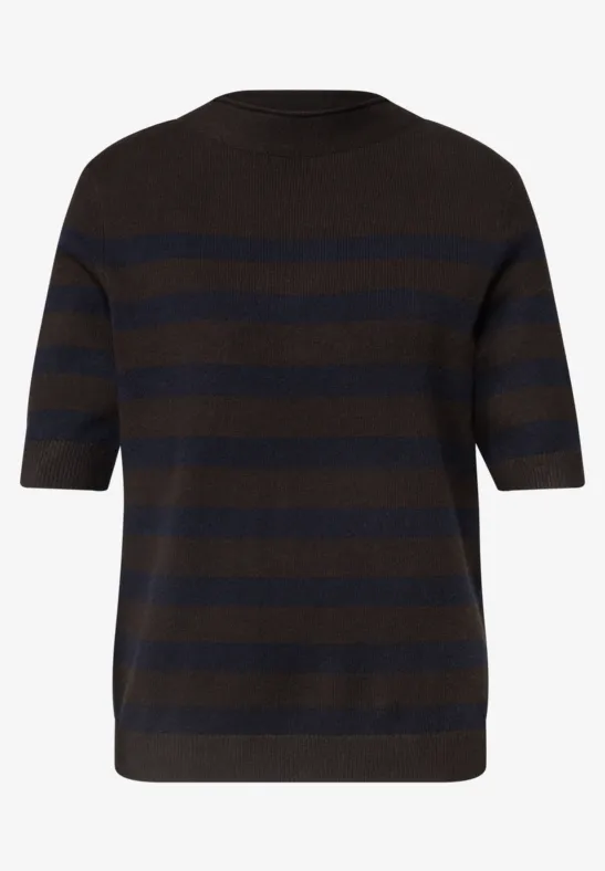 Kurzarm-Pullover aus Strick mit breiten schwarz-braunen Streifen und Rundhalsausschnitt.