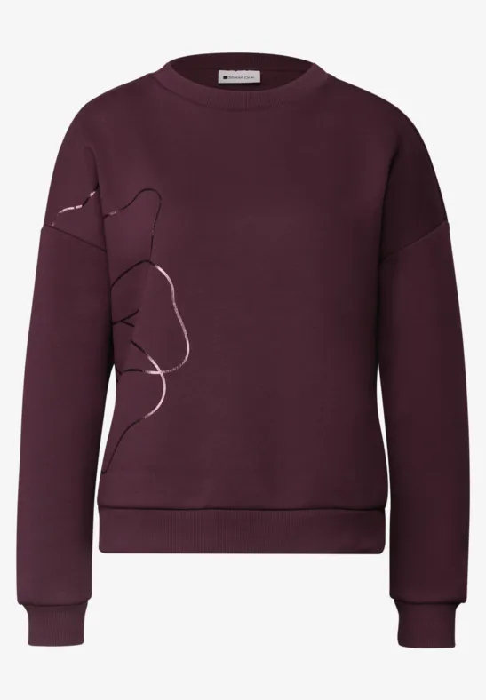 Bordeauxfarbener Pullover mit minimalistischer Linienzeichnung, lässigem Schnitt und langen Ärmeln.