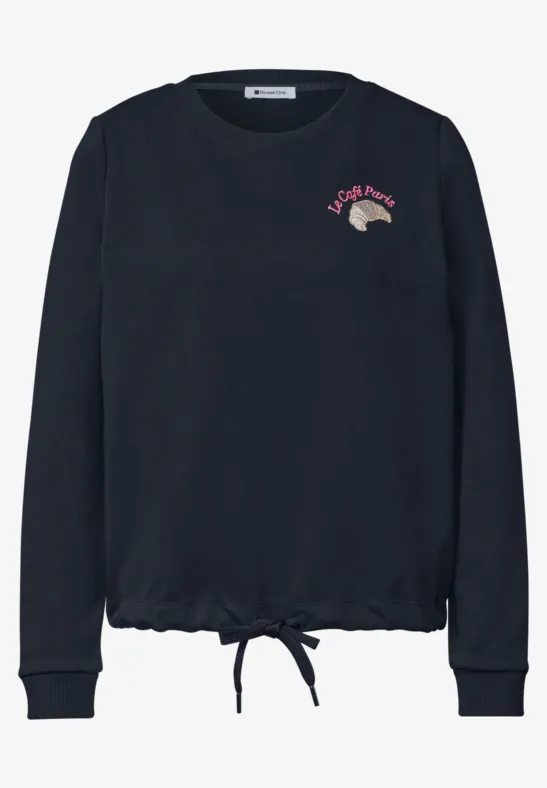 Dunkelblaue Damen-Langarmjacke mit Tunnelzug am Saum und kleinem Aufdruck mit Igel und Schriftzug "Let's Cuddle"