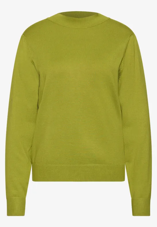 Olivgrüner Pullover mit Rundhals, langen Ärmeln und Rippbündchen