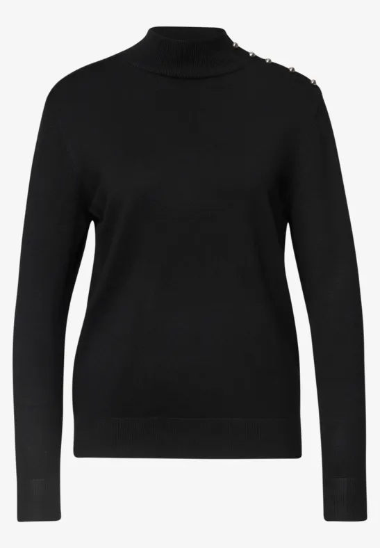 Schwarzer, langer Pullover mit Rollkragen und langen Ärmeln.