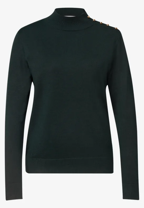 Schwarzer Rollkragenpullover mit Knopfdetails an der Schulter, schmal geschnitten und langärmelig.