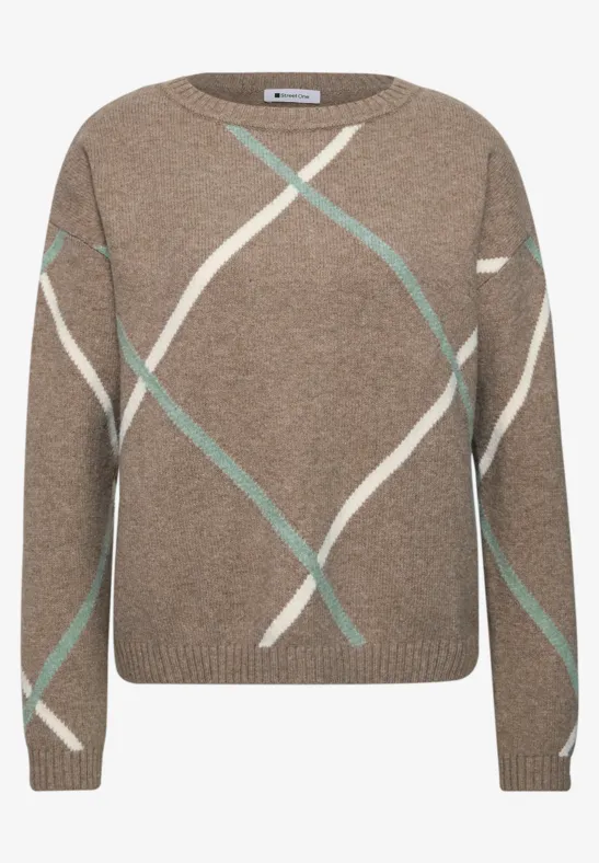 Brauner Pullover mit diagonalen weißen und mintgrünen Streifen, Rundhalsausschnitt und geradem Schnitt.