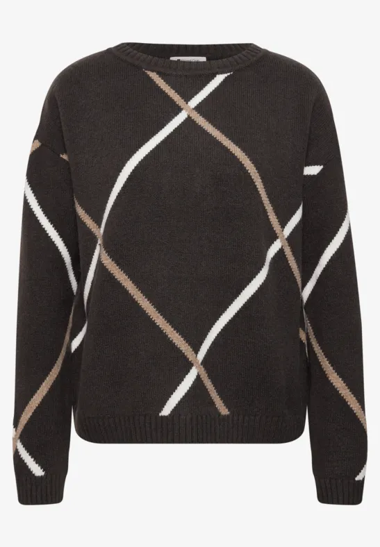 Dunkler Strickpullover mit weißen und beigen diagonalen Streifen, Rundhalsausschnitt und langen Ärmeln