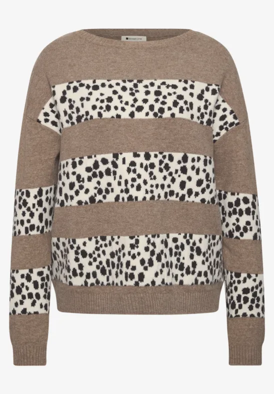 Pull marron à rayures alternées avec imprimé dalmatien et empiècements uni, bord-côtes au col, poignets et ourlet.