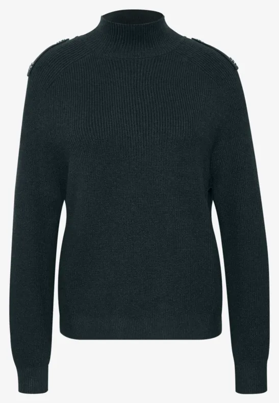 Schwarzer, hochgeschlossener Pullover mit Schulterklappen und gerippten Bündchen.