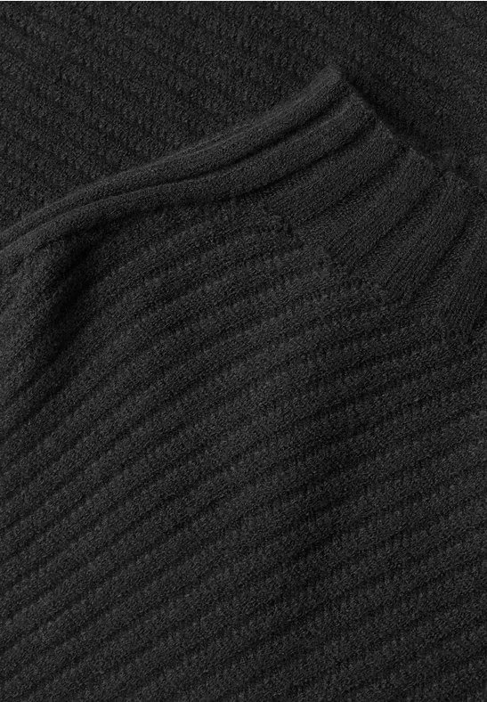 Nahaufnahme eines strukturierten schwarzen Strickstoffs, offenbar der gerippte Ausschnitt eines Pullovers.