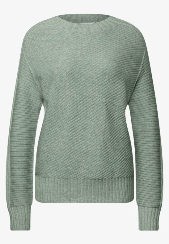 Grauer Pullover mit Rundhalsausschnitt und Rippenstruktur.