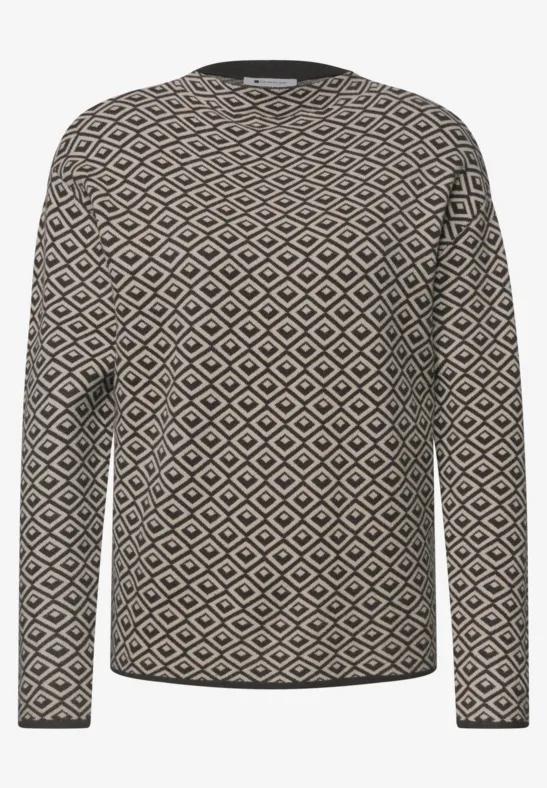 Beiges Langarmshirt mit schwarzem Rautenmuster