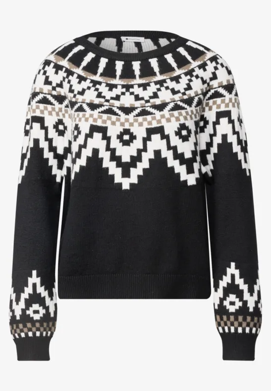 Schwarzer Pullover mit weißem nordischem Muster über Schultern und Ärmeln.