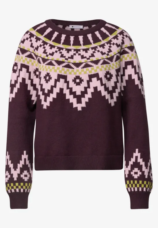 Bordeauxfarbener Strickpullover mit skandinavischem Muster in Rosa, Weiß und Gelb.