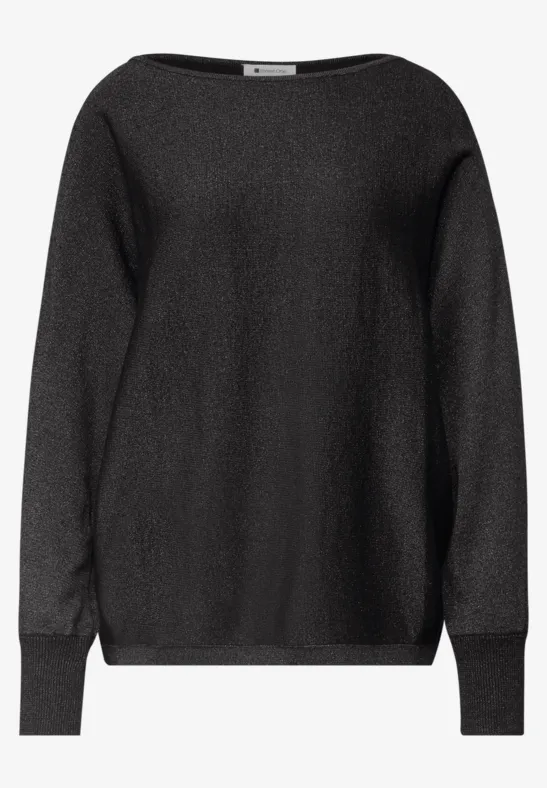 Schwarzer Pullover mit Rundhals, langen Ärmeln und entspanntem Schnitt.