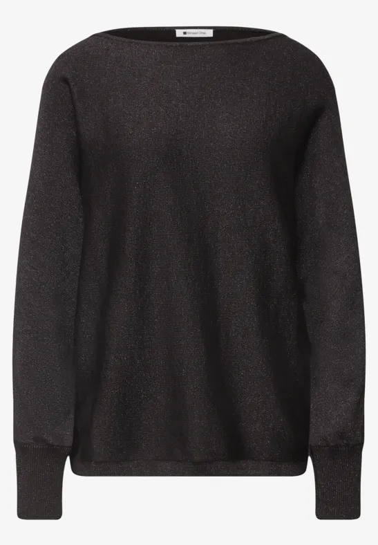 Schlichter, schwarzer Pullover mit Rundhalsausschnitt und langen Ärmeln.
