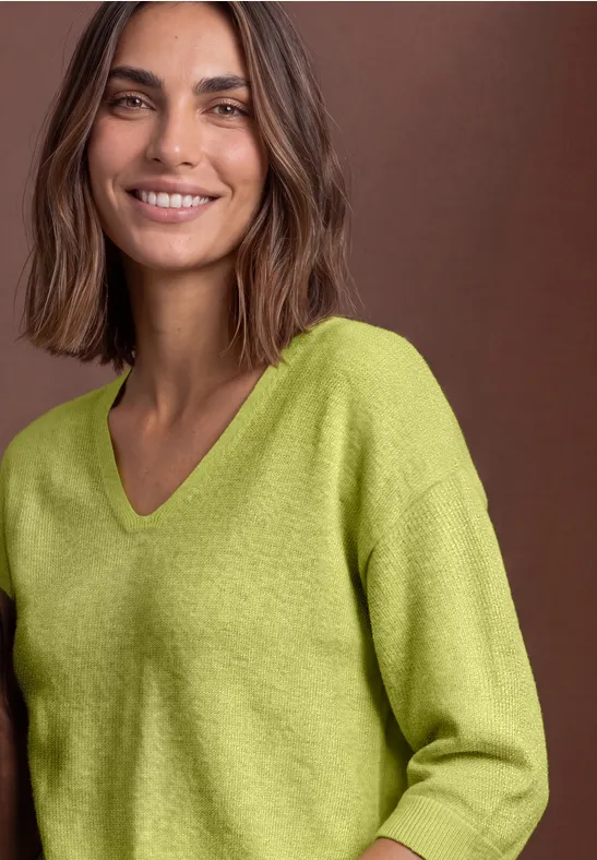 Femme souriante aux cheveux bruns, portant un pull vert clair à col V devant un fond marron.