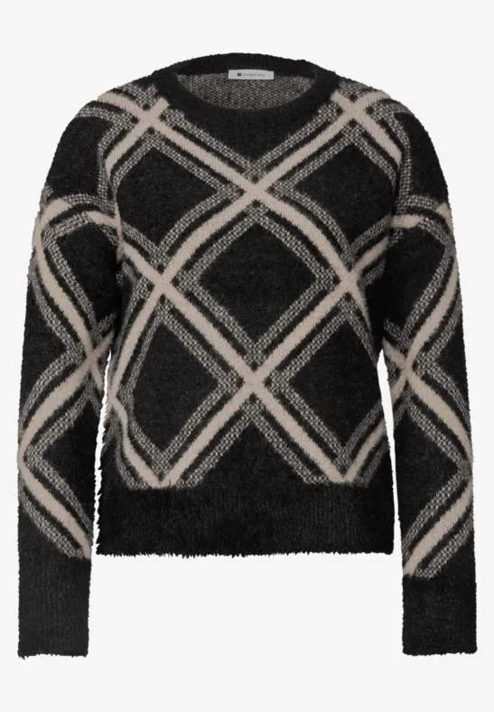Schwarzer, flauschiger Damenpullover mit beigen Rautenmuster