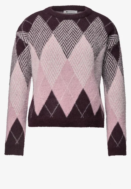 Strickpullover mit argyle Rautenmuster in Violett-, Rosa- und Weißtönen.
