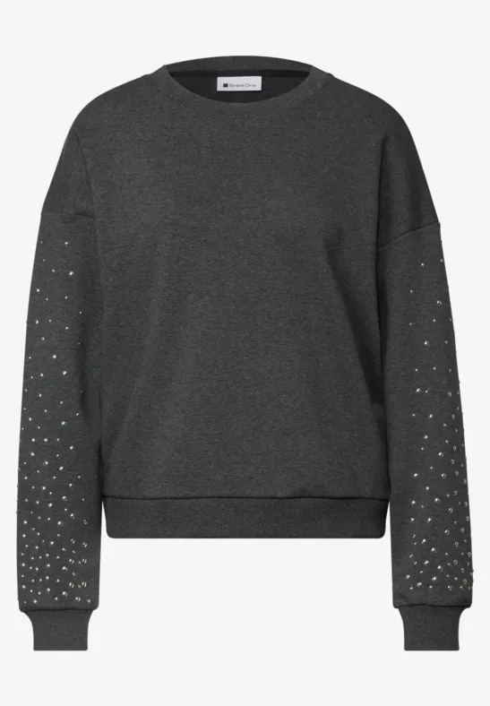 Grau meliertes Sweatshirt mit Nietenbesatz an den Ärmeln.