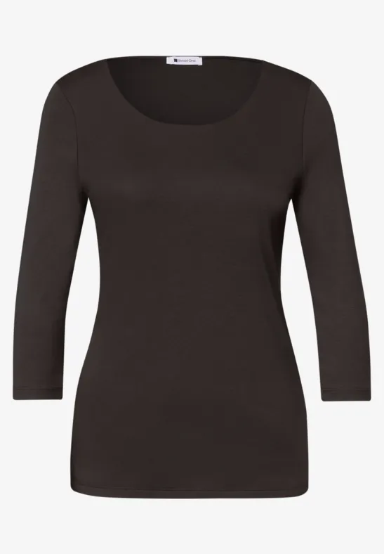 Schwarzes, figurbetontes Longsleeve mit U-Boot-Ausschnitt und 3/4-Ärmeln