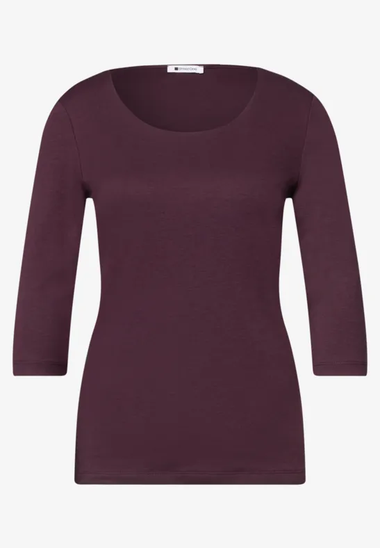 T-shirt violet femme, encolure bateau et manches 3/4.
