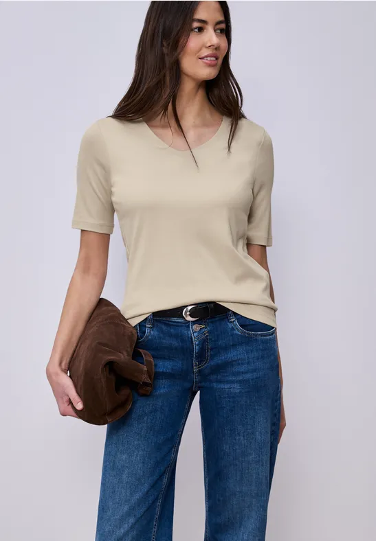 Basic Kurzarmshirt cotton beige