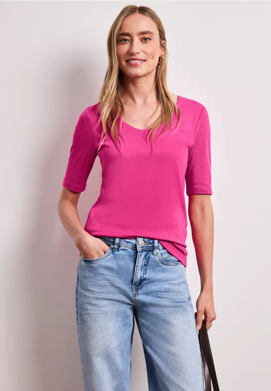 Basic Shirt met V-hals in effen kleur magenta dream