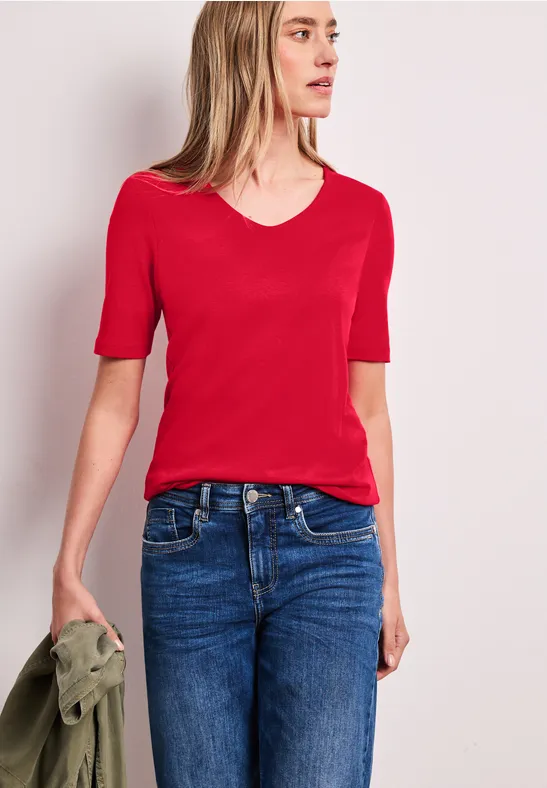 Basic Shirt met V-hals in effen kleur salsa red