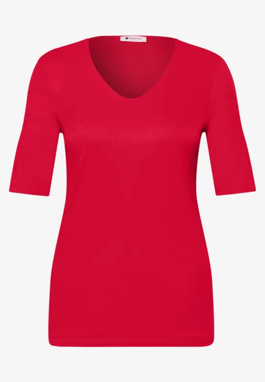 Basic Shirt met V-hals in effen kleur salsa red