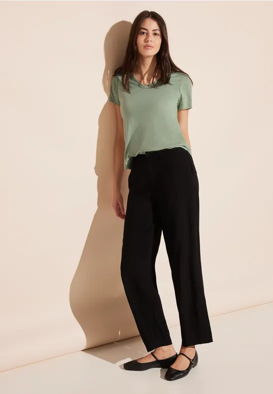 Street One New Gerda T-shirt Donna Maniche Corte, Scollo A V Effetto Fiammato, Mix Cotone E Modal, Comoda E Versatile, Colore Naturale