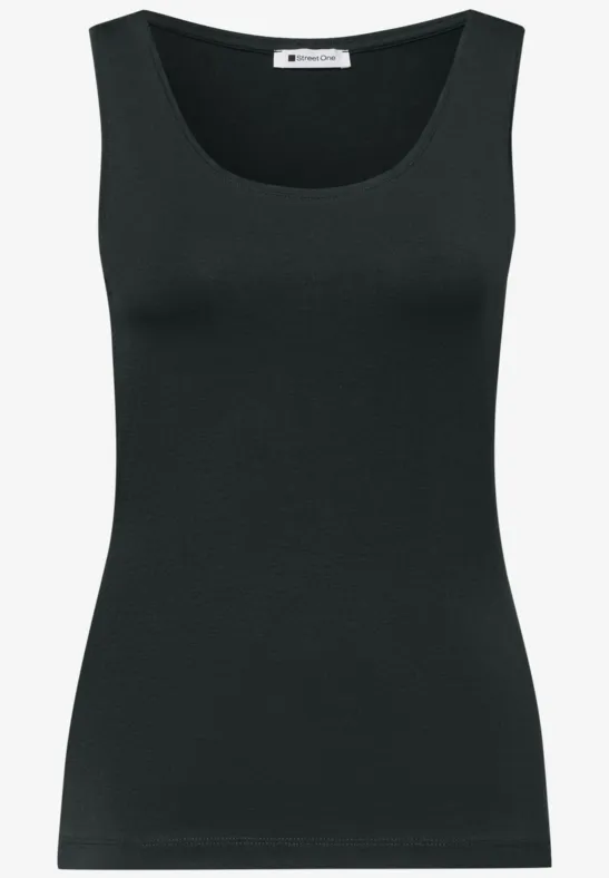 Zwart dameshemdje zonder mouwen met ronde hals.