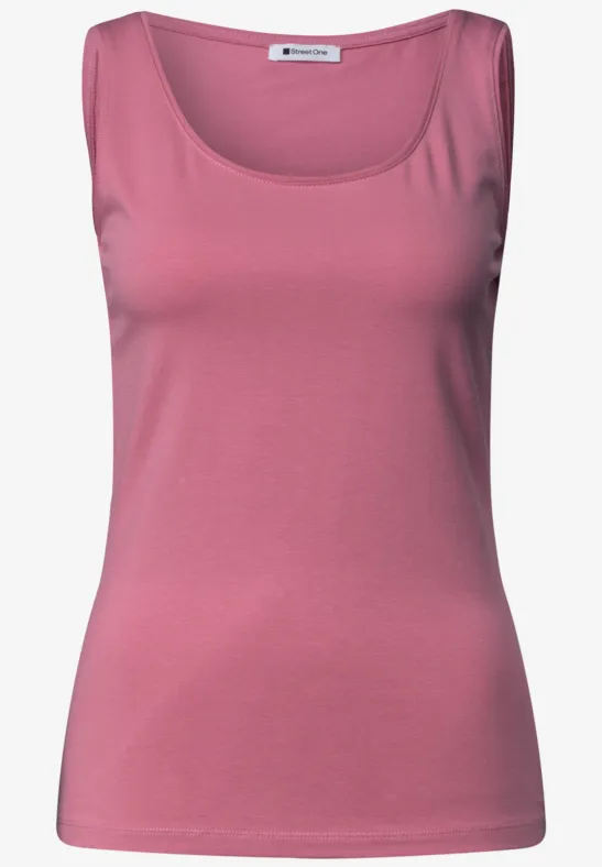 Roze dames tanktop met ronde hals en zonder mouwen.