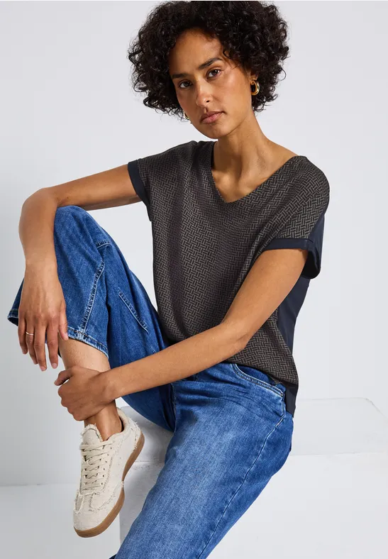 Materialmix V-Neck Shirt deepwater blue
