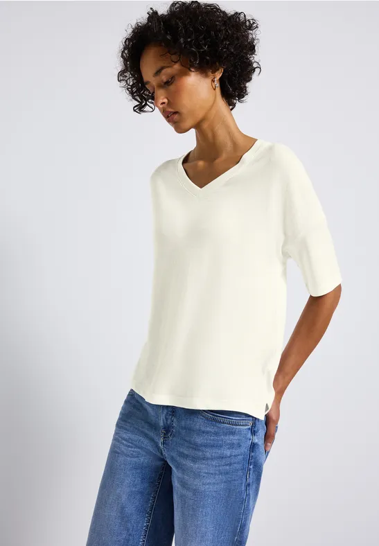 Strick-Look V-Neck T-Shirt off white