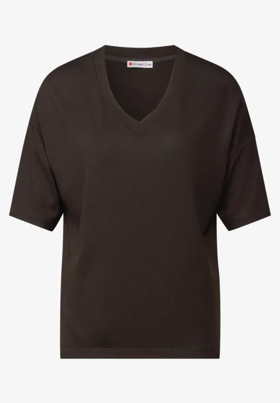 Strick-Look V-Neck T-Shirt deep roast brown