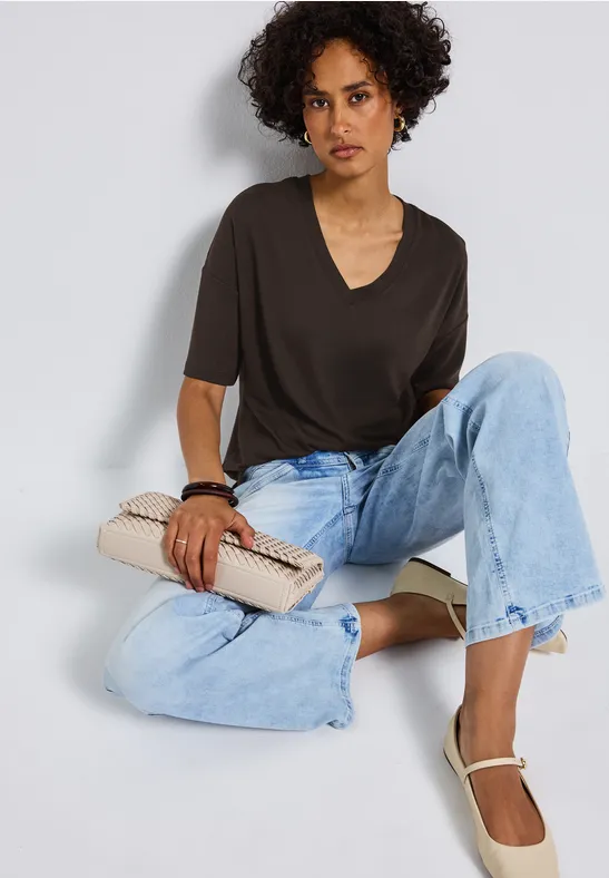 Strick-Look V-Neck T-Shirt deep roast brown