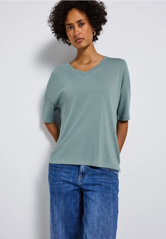 Strick-Look V-Neck T-Shirt arona blue