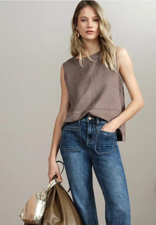 Velours-Top mit Ziernähten silk brown
