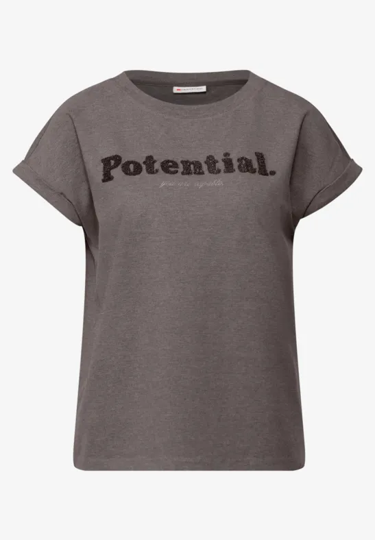 T-Shirt mit Bouclé Wording dark nomad brown mel.