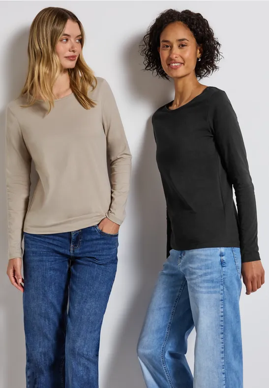 2er-Pack Langarmshirts black/morning beige