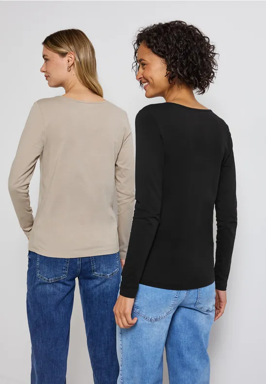 2er-Pack Langarmshirts black/morning beige