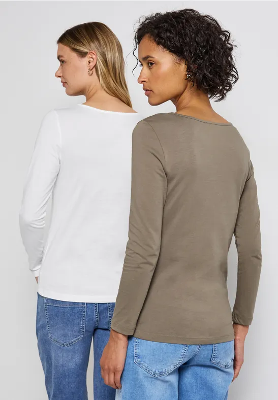 2er-Pack Langarmshirts white/bark brown